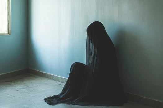 Person Covered in Black Fabric Sitting Against a Wall in a Room photo