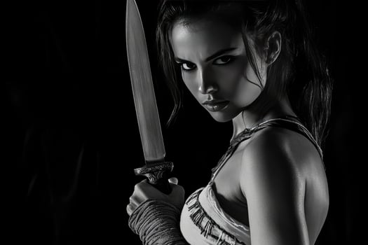 Warrior Woman Holding Sword in Dramatic Black and White Portrait photo