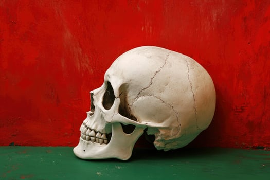 Studying Human Skull Anatomy Side View with Red and Green Background photo