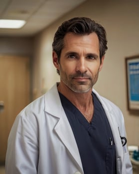 Confident Doctor in White Coat Portrait in Hospital Hallway Setting photo
