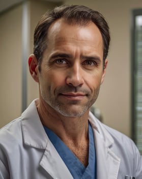 Confident Doctor Portrait Serious Expression Professional Healthcare Setting Close-up Shot photo