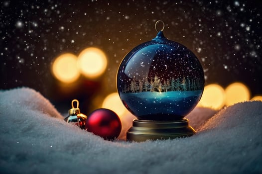 Winter Snow Globe with Christmas Ornament on Snowy Background with Lights photo