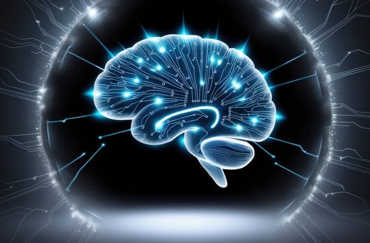 Glowing Human Brain with Circuit Design and Spherical Shield Concept photo