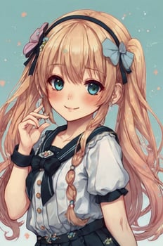 Anime Girl Portrait with Blonde Hair and Blue Eyes Smiling Gently photo