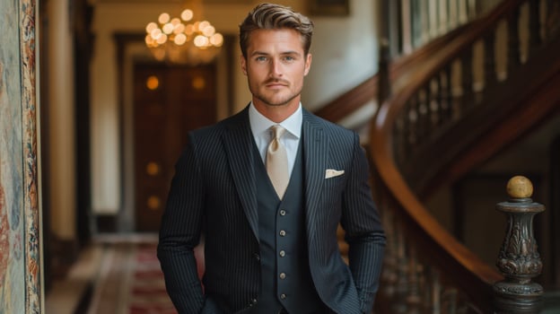 A man wearing a well-fitted suit poses in a lavish setting featuring a grand staircase and decorative elements. The ambiance exudes sophistication and charm. photo