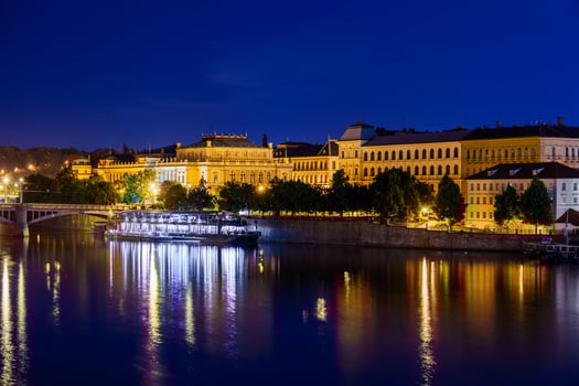 A stunning panoramic night view of the National Theatre and River Vltava in Prague. The National Theatre symbolizes Czech culture and is a popular tourist destination in this beautiful city. photo