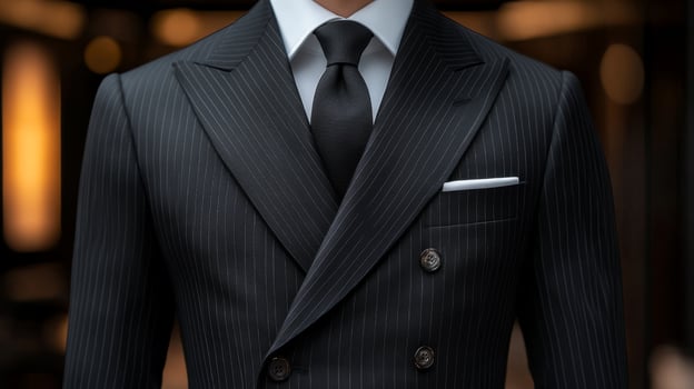 A well-dressed gentleman showcases a sharp black pinstripe suit with a crisp white shirt and black tie, ready for a sophisticated gathering. The backdrop exudes elegance and warmth. photo