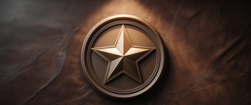 A bronze star on a wall with a spotlight photo