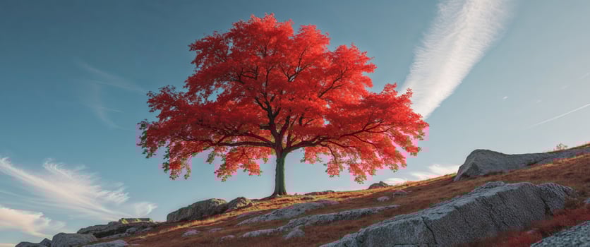 A red tree stands on a hill with rocks photo