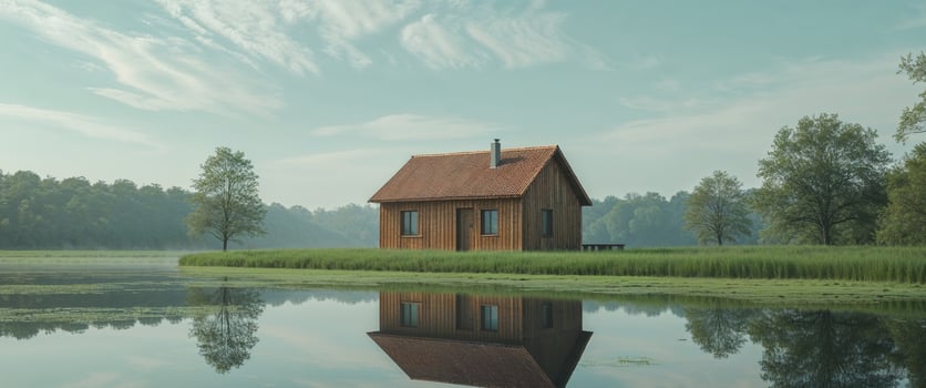 A small wooden house sits on the edge of a lake photo