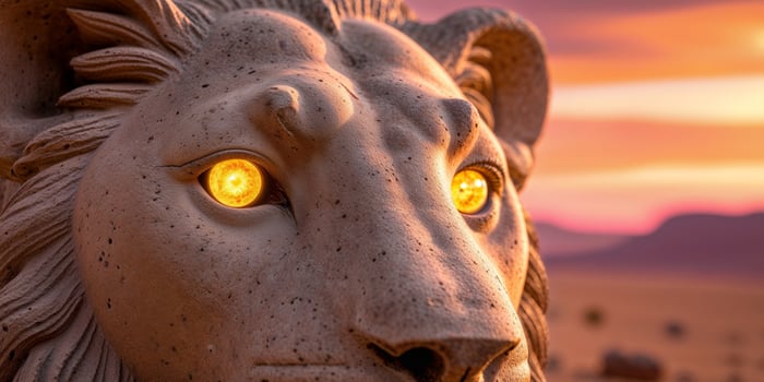 A lion statue with yellow eyes in the desert photo