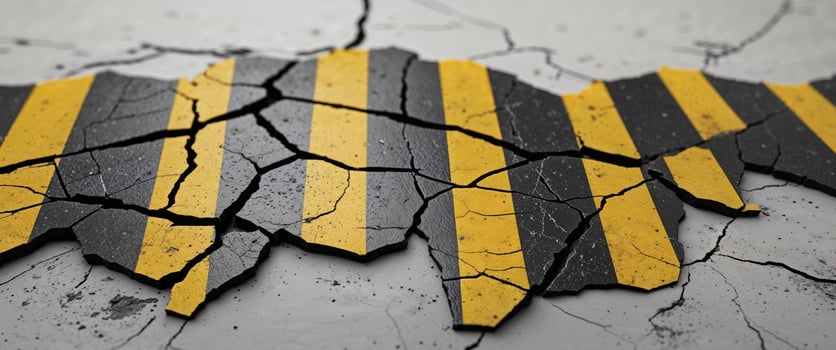 A cracked concrete road with yellow and black stripes photo