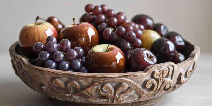 Brown glazed fruits served inside a wooden decorative bowl. photo