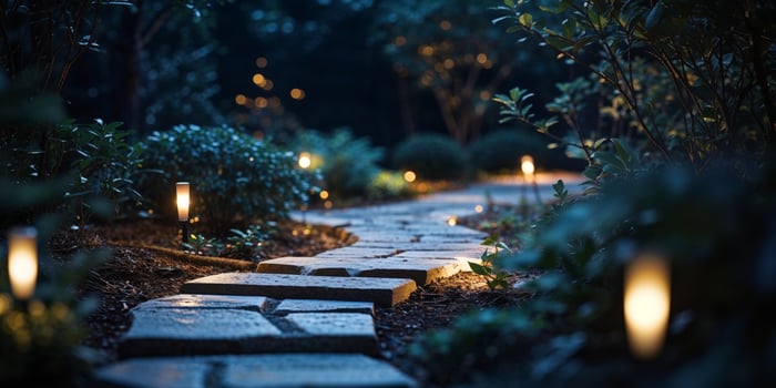 Night Garden Path with Stone Walkway and Lights. photo