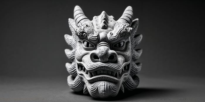 Textured stone carving resembling a dragon head with eyes. photo