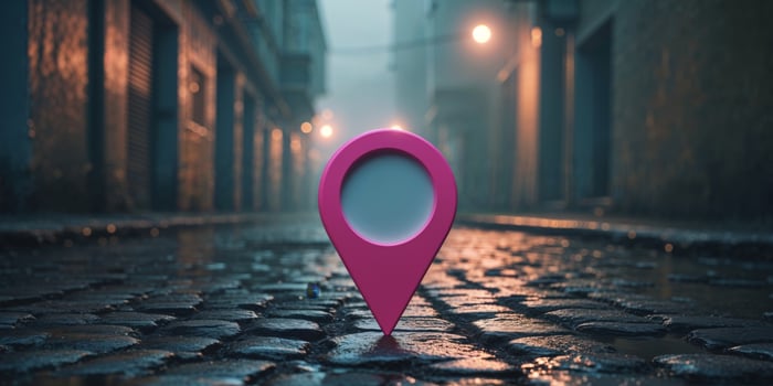 Pink location pin with white center standing on wet cobblestone street in urban alley at dusk. photo