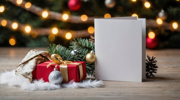 Christmas Card Mockup with Gift and Festive Holiday Decorations Scene photo