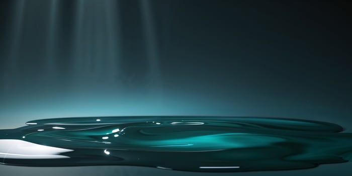Dark Teal Mystical Liquid Scene with Reflective Surface and Light Beams. photo