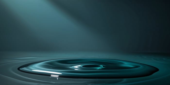 Dark Teal Mystical Liquid Scene with Reflective Surface and Light Beams photo
