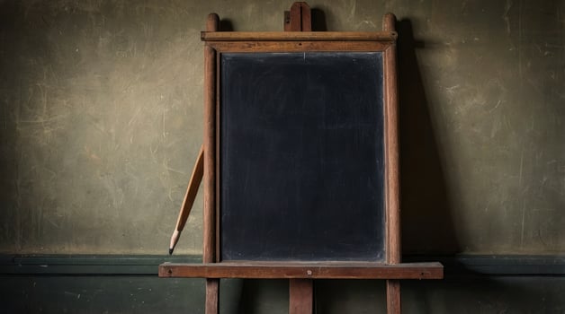 Blank Chalkboard on Easel with Wooden Pencil Against a Textured Wall photo