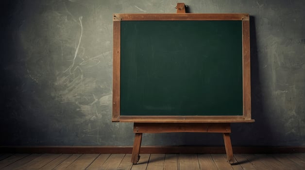 Vintage Chalkboard on Wooden Easel Against Gray Wall and Wooden Floor photo