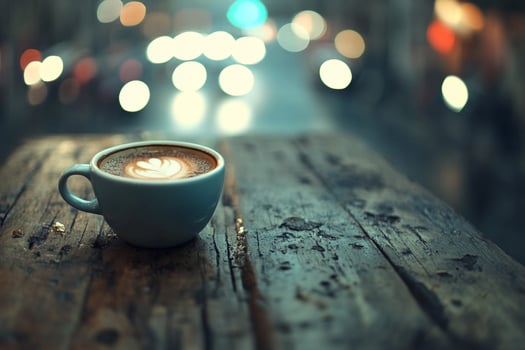 Coffee cup on wooden table with blurred background photo