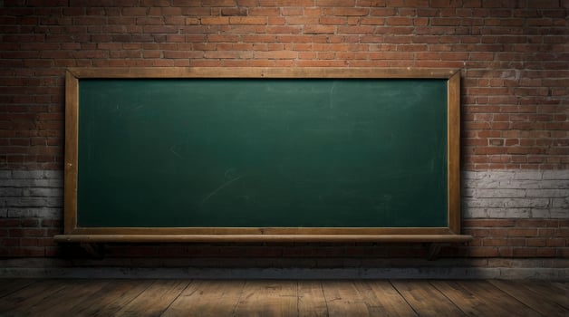 Chalkboard on Brick Wall with Wood Floor Empty Green Surface photo
