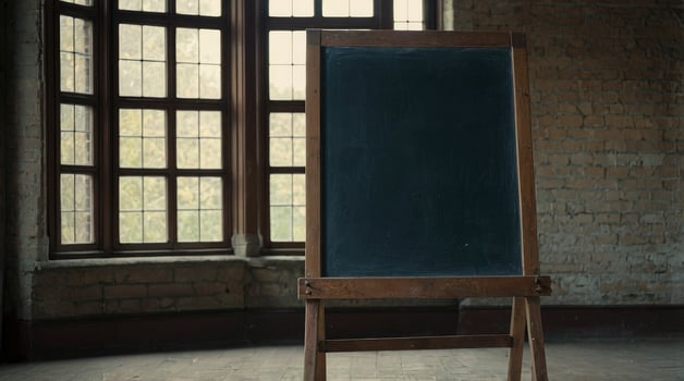 Standing Chalkboard in Vintage Classroom Setting with Window Light photo