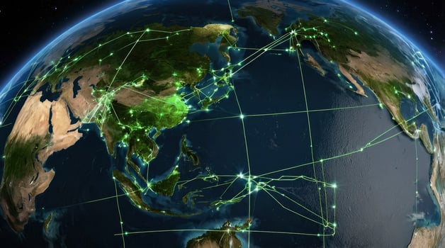 Global Network Communication Lines Spreading Around the Earth From Space View photo