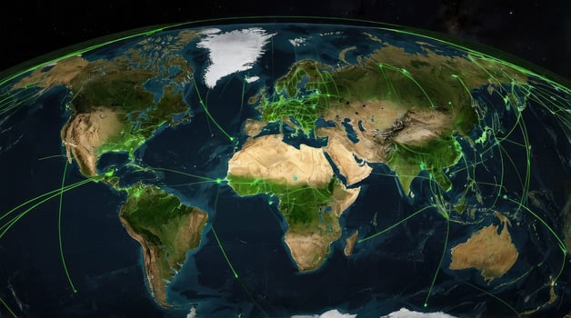 Earth Network Connections World Map with Green Lines and Night Sky photo