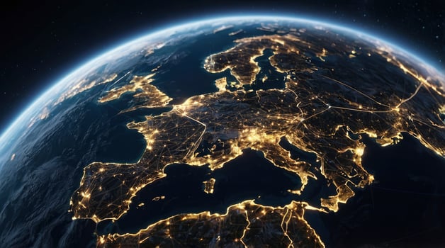 Europe at Night Aerial View Showing City Lights on Planet Earth photo
