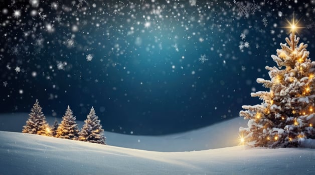 Christmas Tree Sparkles in Snowy Landscape Under Falling Snowflakes at Night photo