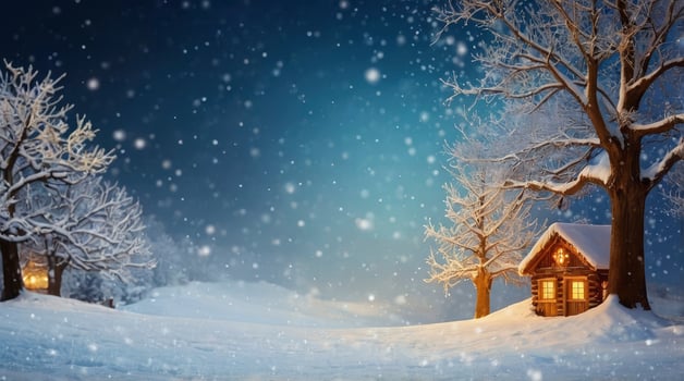 Winter Cabin Scene with Falling Snow and Light in Snowy Landscape photo