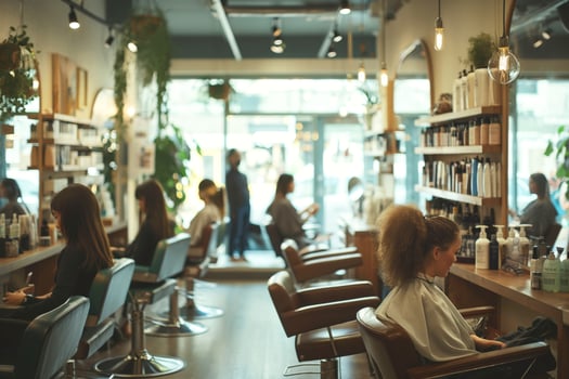 A serene salon scene showing diverse clients enjoying hair treatments in a bright, stylish setting. photo