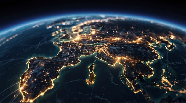 Earth View at Night Shows Europe with City Lights and Atmosphere photo