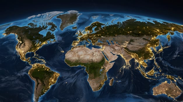 World Map Illustration with City Lights From Space at Night photo