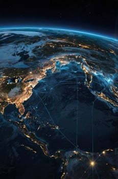 Earth From Space at Night Showing City Lights and Navigation Lines photo