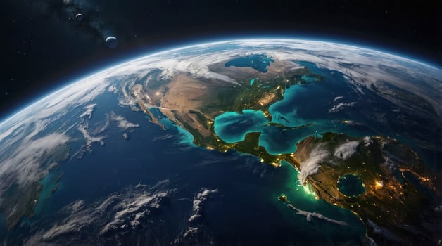 Earth View From Space with Clouds and City Lights at Night photo