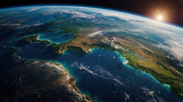 Earth View From Space at Sunrise Displaying Coastlines and Atmospheric Perspective photo