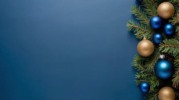 Christmas Background with Blue Ornaments and Pine Branch on Navy Blue photo