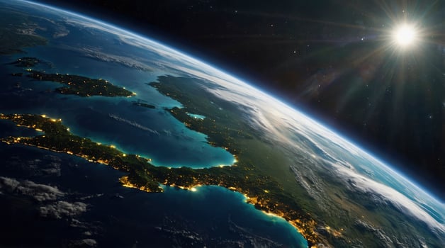 Earth View From Space at Night with City Lights and Sunrise photo