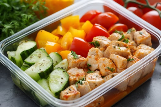 Healthy lunch box containing chicken breast, cucumbers, tomatoes and peppers photo