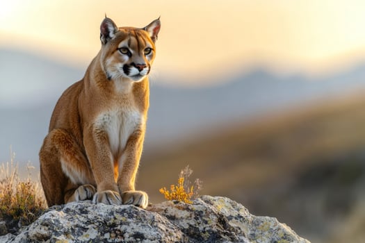 Majestic cougar sitting on a rock at sunset in the mountains photo