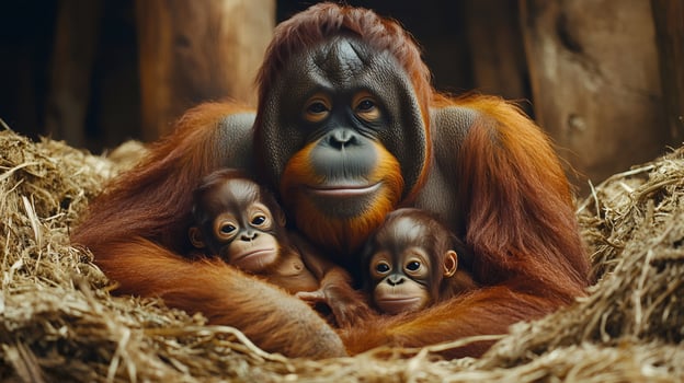 Mother orangutan embracing two babies in a nest of straw photo