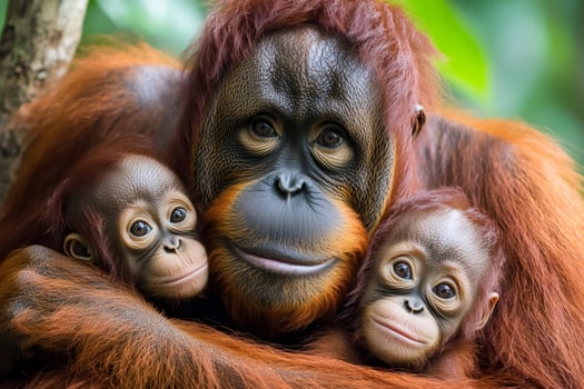 Mother orangutan embracing two adorable babies in lush rainforest photo