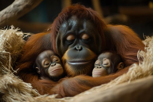 Mother orangutan embracing two baby orangutans while sleeping photo