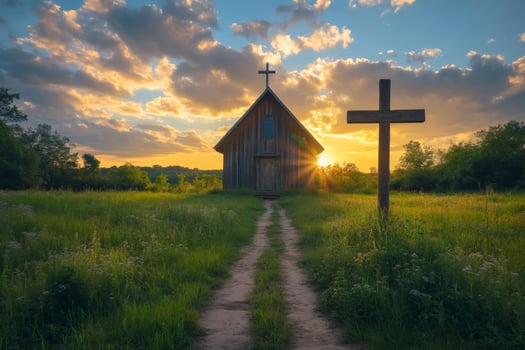 Wooden church and cross at sunset in peaceful countryside photo