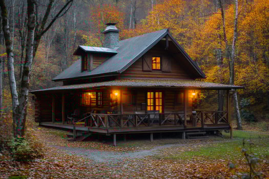 Cozy wooden cabin nestled in autumn forest at dusk .. photo