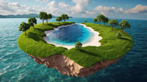Floating Island with Trees and Lagoon Surrounded by Sea Water photo