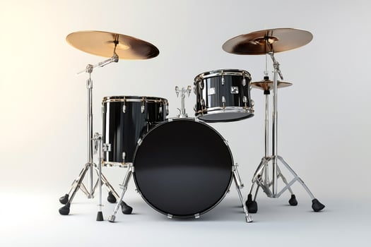 Black drum set stands ready for a rock concert in a bright room photo